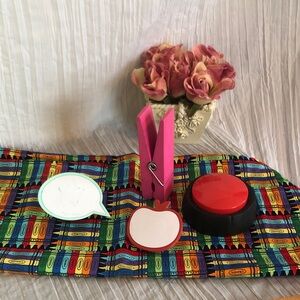 TEACHER SCHOOL inspired lot of 5- curtain, Easy button, 2 message clips, XL clip